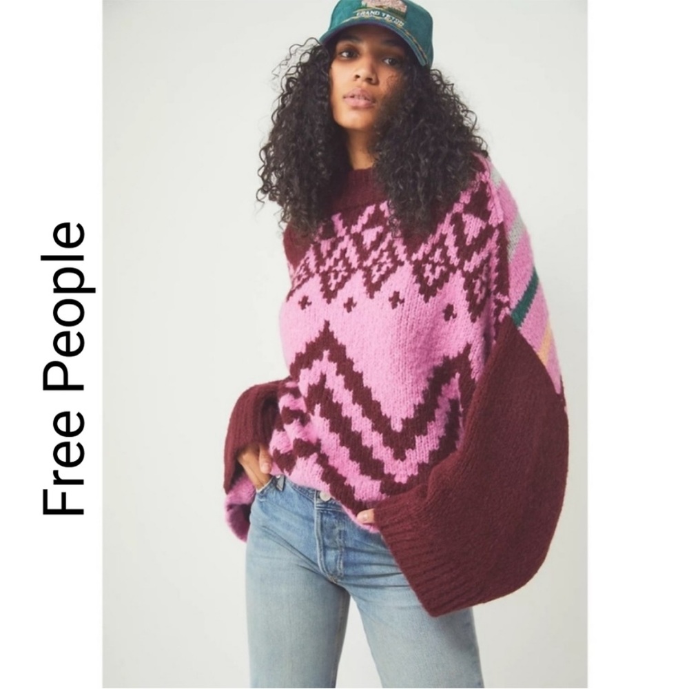 Free People Nordic Stripe Pullover Sweater Small Oversized Orchid Plum